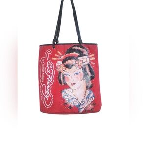 Ed Hardy by Christian Audigier Vintage Geisha Art Red & Black Nylon Tote Bag